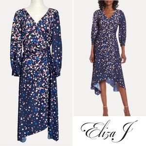 Eliza J Faux Wrap Navy-Multi Dot 3/4-Sleeve Midi Dress Size 12 NWT